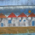 142 - La cité des plages ● - techniques mixtes sur panneau ; 15 x 24 po (39 x 61 cm)